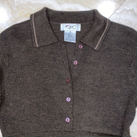 Vintage Chocolate Brown Long Sleeve Wool Knit Collared dress w/ buttons - Picture 2 of 5